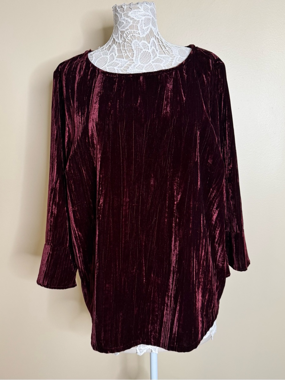 Foxcroft Women's Crushed Velvet Long-Sleeve Top Deep Wine size 2X